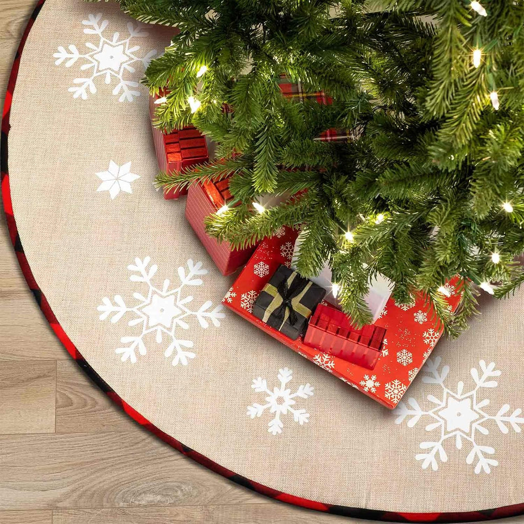 48 Inch Christmas Tree Skirt Red and Black Buffalo Plaid Christmas Tree Skirt, Double Sided Burlap Tree Skirt Snowflake Xmas Tree Skirt for Holiday Rustic Vintage Christmas