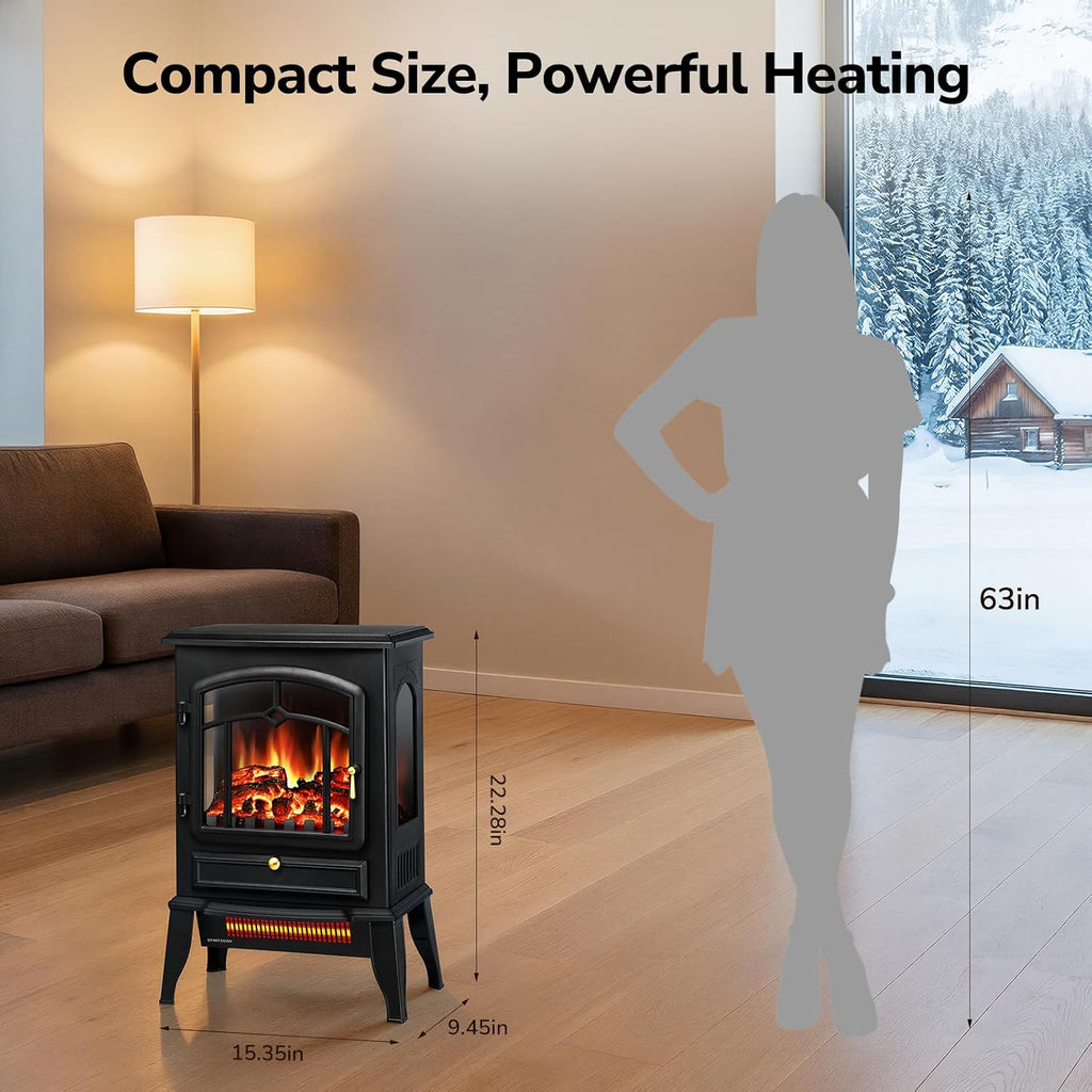 Black 22 inch electric fireplace stove with a 3D flame and glass door