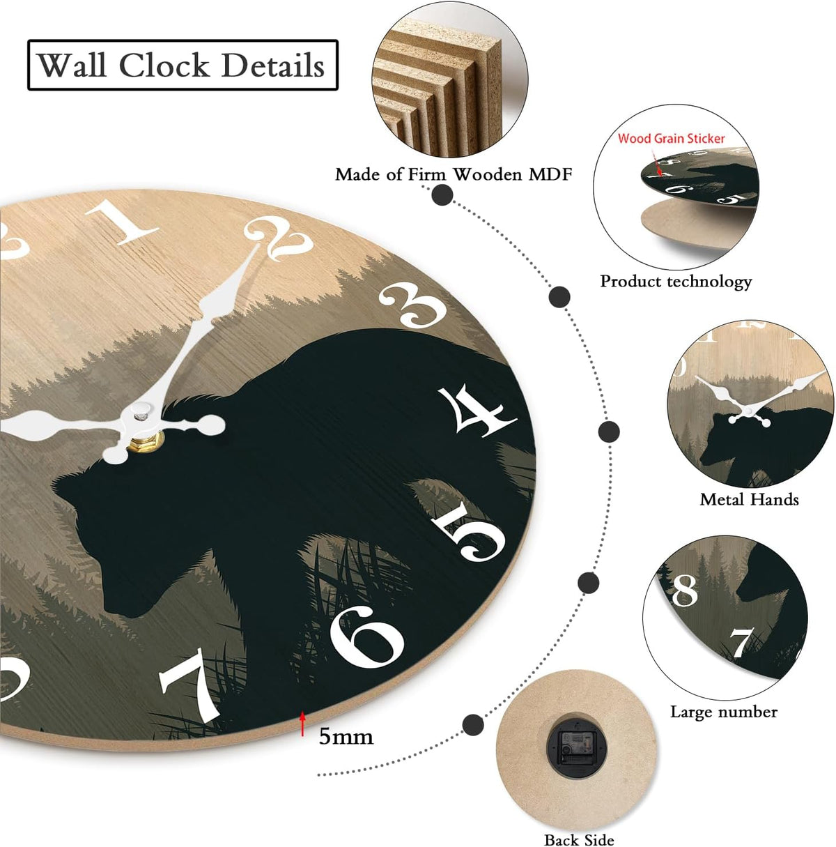 Cabin Bear Wall Clocks Battery Operated 10 Inch Silent