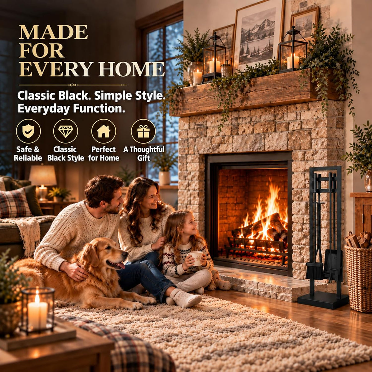 5-Piece Fireplace Tool Set, 30" One-Piece Stand, 10Mm Solid
