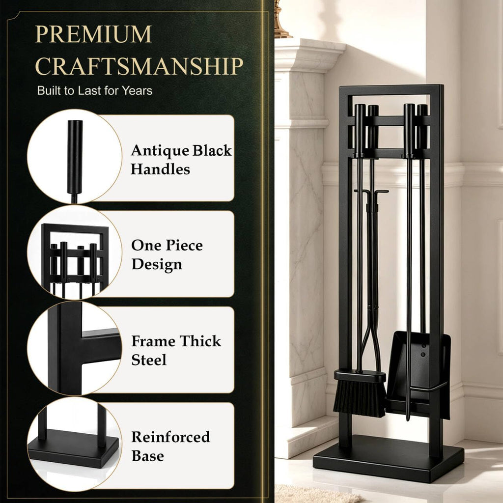 5-Piece Fireplace Tool Set, 30" One-Piece Stand, 10Mm Solid