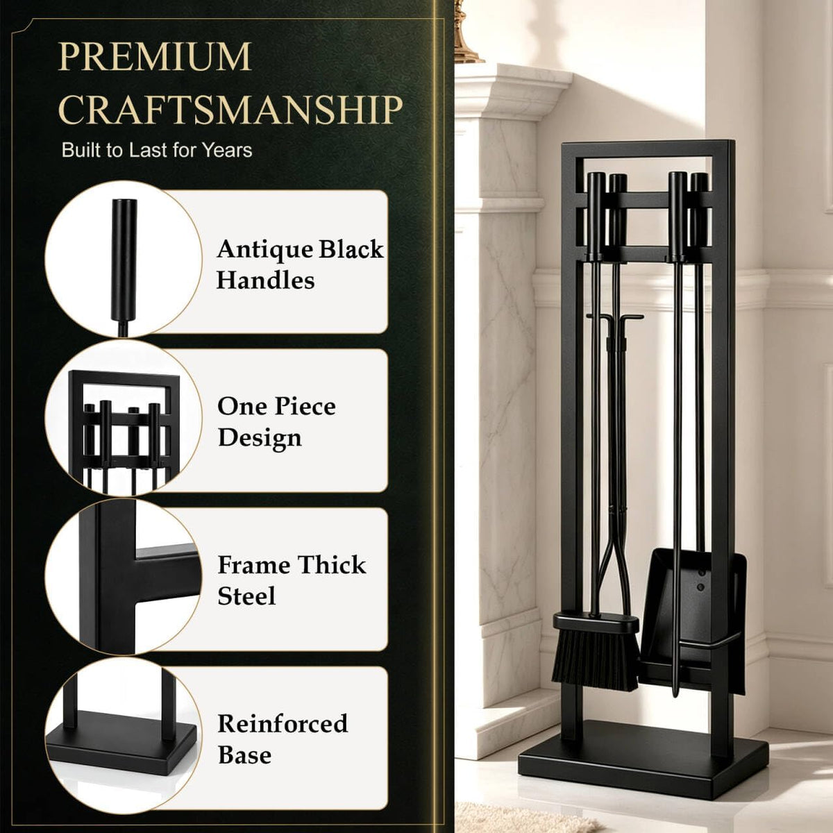 5-Piece Fireplace Tool Set, 30" One-Piece Stand, 10Mm Solid