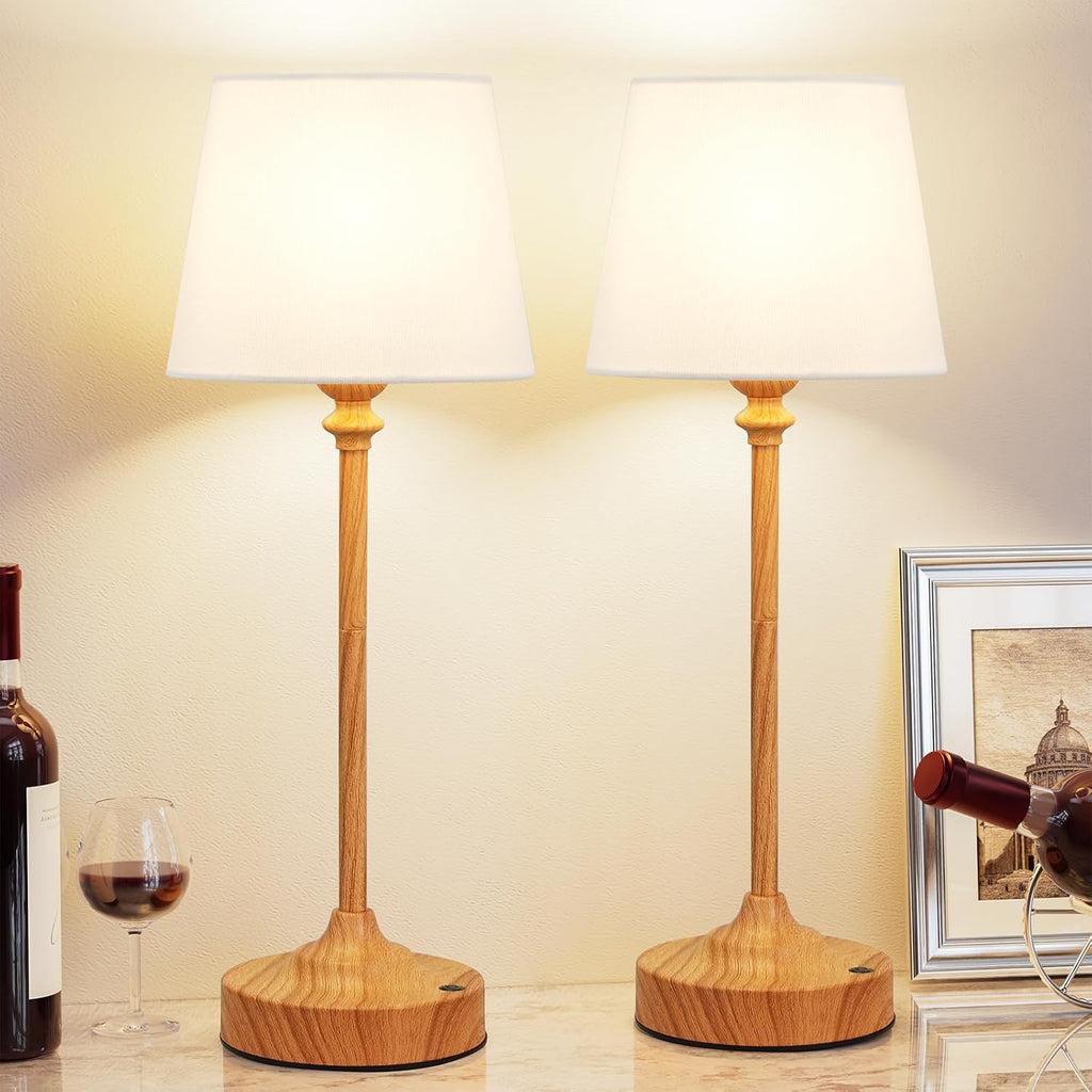 Cordless Table Lamps Rechargeable Set - 2 Pack Wooden 4000Mah Battery Operated Lamps for Decor, 3000K Stepless Dimming Touch Control Wireless Lamps for Bedroom, Dining Table