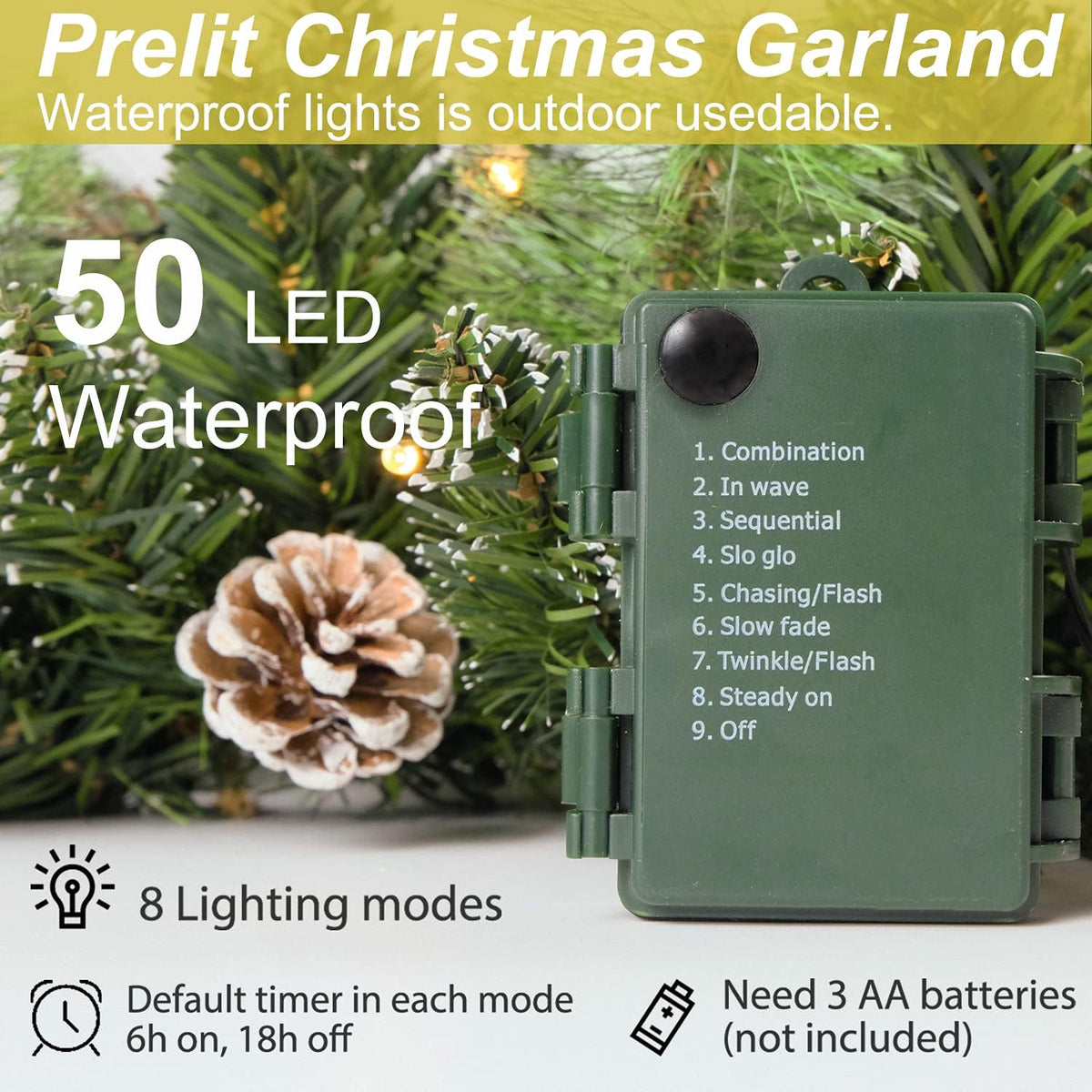 Christmas Garland Prelit 9 Ft with 50 Led Lights, Pine Cone and Snow Style Xmas Garland, Battery Operated Christmas Decor for Mantle Stair Indoor Outdoor