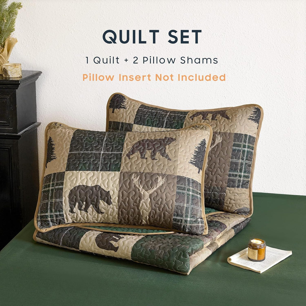 - Rustic Quilt Set, Cabin Lodge Christmas Bear Moose Deer Wildlife Western Patchwork Country, Reversible Lightweight Bedspread Coverlet, 3 Pieces, Green Brown, Queen/Full Size