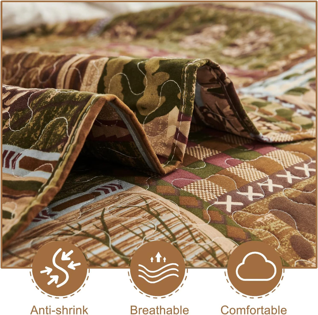 Lodge Bedspread Queen Size, Rustic Cabin Quilt Sets Moose Bear Bedspread Coverlet Patchwork Plaid Bedcover Reversible Wildlife Printed Quilted Bed Set Brown Bed Cover Country Decor(90"X 90")
