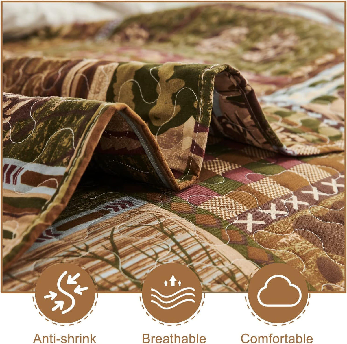 Lodge Bedspread Queen Size, Rustic Cabin Quilt Sets Moose Bear Bedspread Coverlet Patchwork Plaid Bedcover Reversible Wildlife Printed Quilted Bed Set Brown Bed Cover Country Decor(90"X 90")