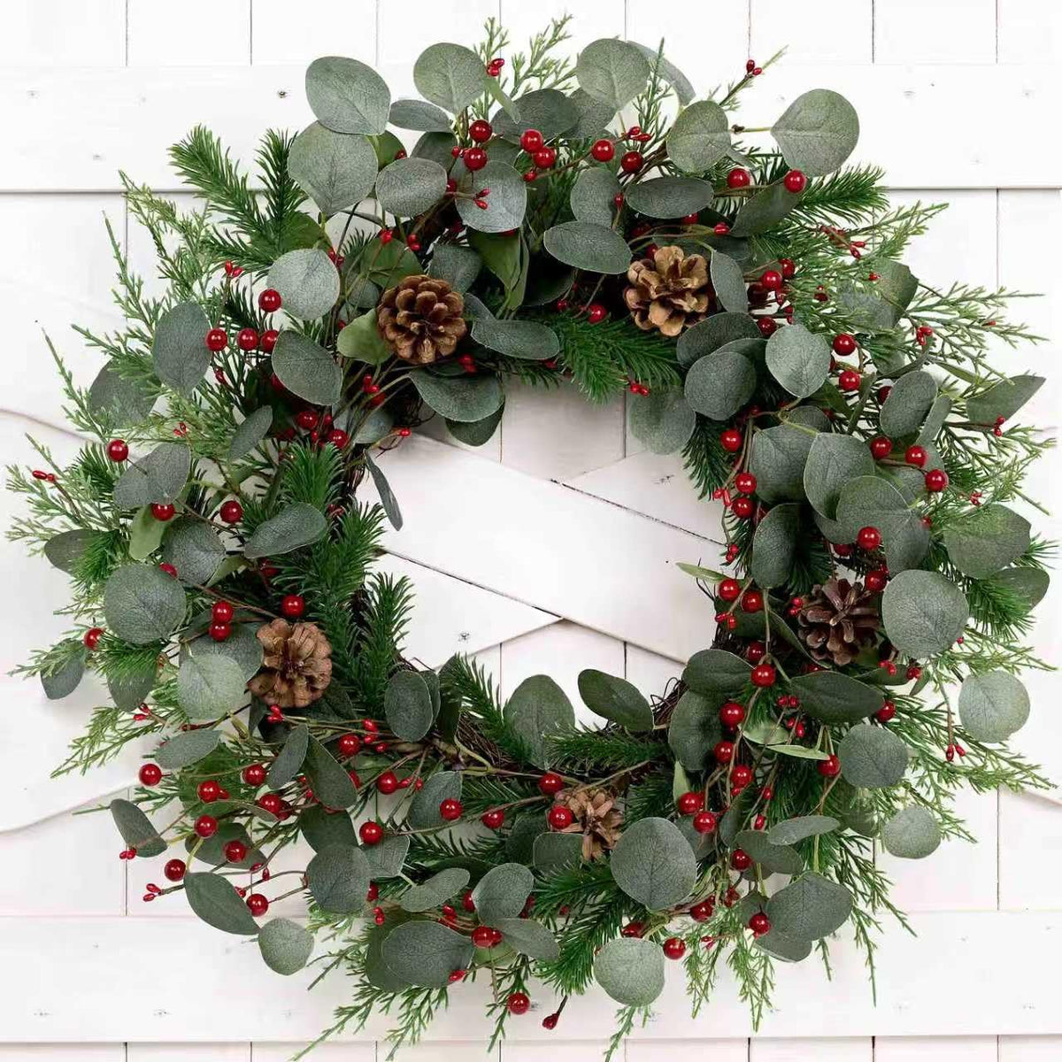 Christmas Wreath 24Inch Christmas Wreaths for Front Door Xmas Red Berry Wreath with Eucalyptus Leaves Pine Cones Red Berries for Wall Window Indoor Outdoor Winter Decorations