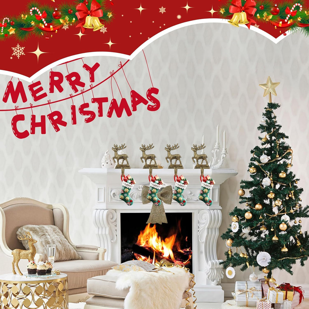 4Pcs Stocking Holders, Reindeer Pattern Metal Mantel Hooks, Anti-Slip Heavy Duty Solid Cast Iron Mantle Hangers Xmas Décor for Fireplace Holiday Indoor Decoration