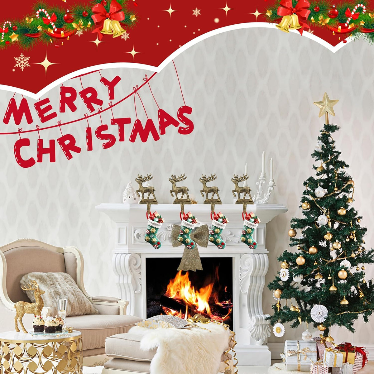 4Pcs Stocking Holders, Reindeer Pattern Metal Mantel Hooks, Anti-Slip Heavy Duty Solid Cast Iron Mantle Hangers Xmas Décor for Fireplace Holiday Indoor Decoration