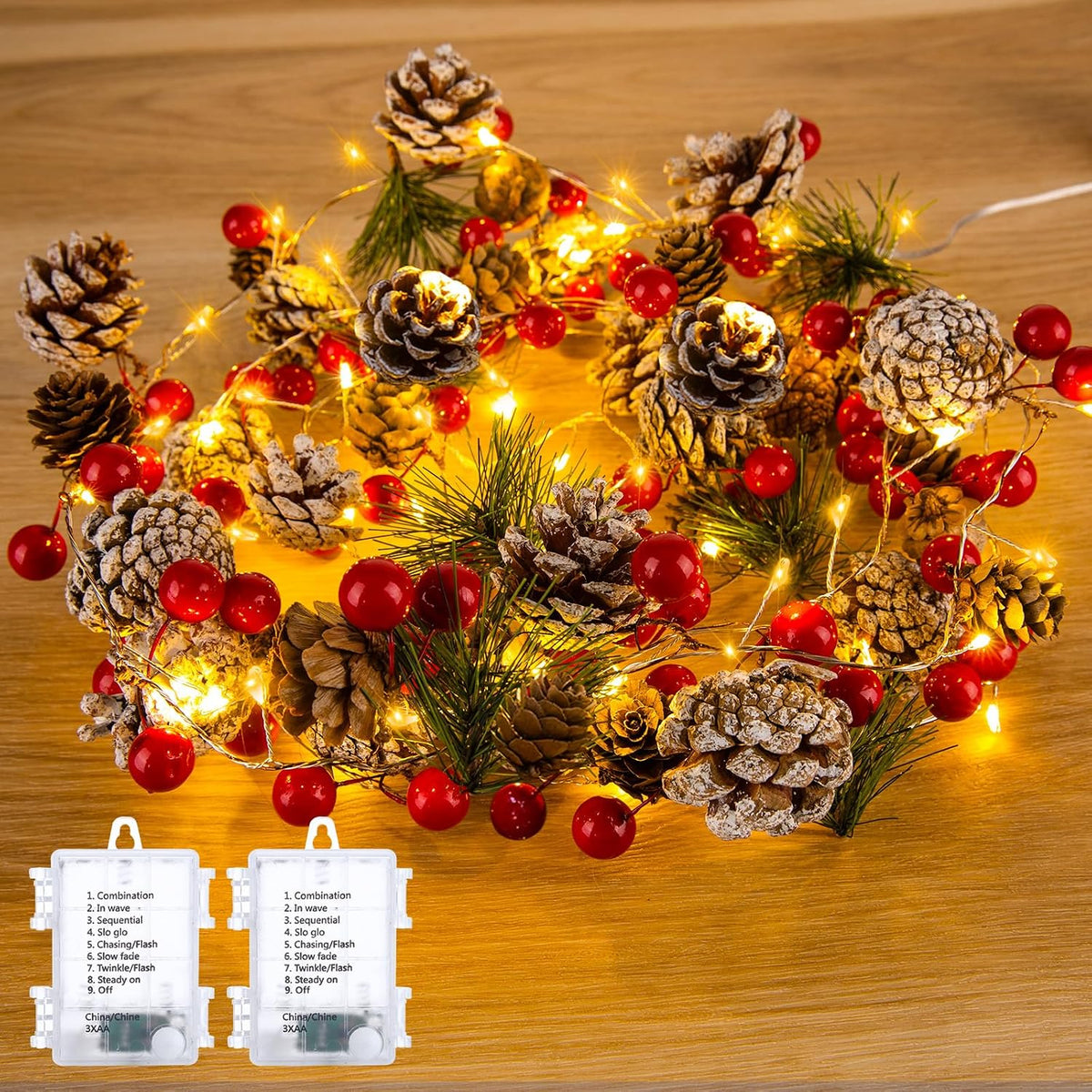 Christmas Pine Lighted Garland Decor,9.8 Ft 60 LED with 8 Modes 2PC
