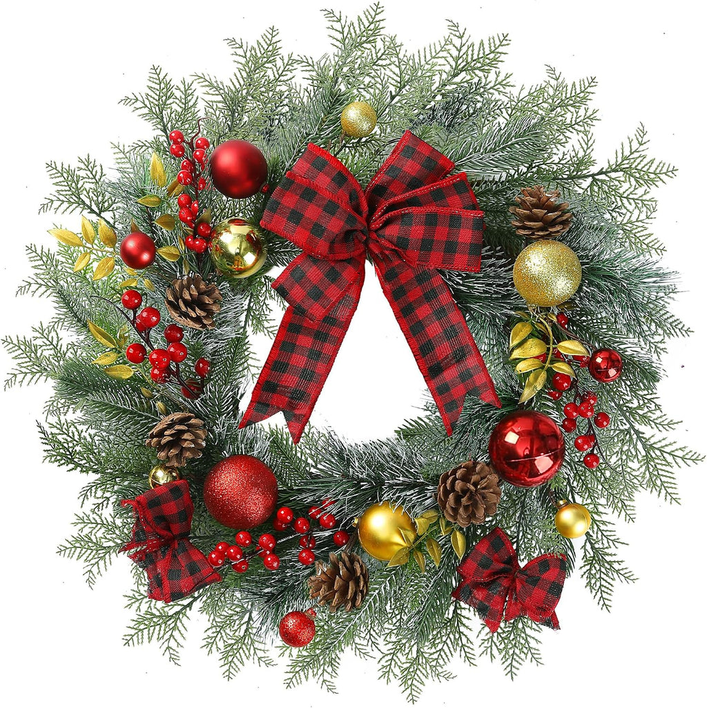 20 Inch Artificial Christmas Wreath for Front Door with Pine Needles Red Berries Pine Cones Buffalo Plaid Bow Christmas Ball Decorations for Winter Wall Outdoor Home Holiday Xmas Decor