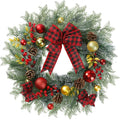 20 Inch Artificial Christmas Wreath for Front Door with Pine Needles Red Berries Pine Cones Buffalo Plaid Bow Christmas Ball Decorations for Winter Wall Outdoor Home Holiday Xmas Decor