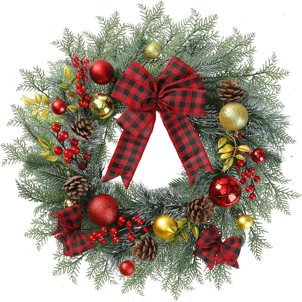 20 Inch Artificial Christmas Wreath for Front Door with Pine Needles Red Berries Pine Cones Buffalo Plaid Bow Christmas Ball Decorations for Winter Wall Outdoor Home Holiday Xmas Decor