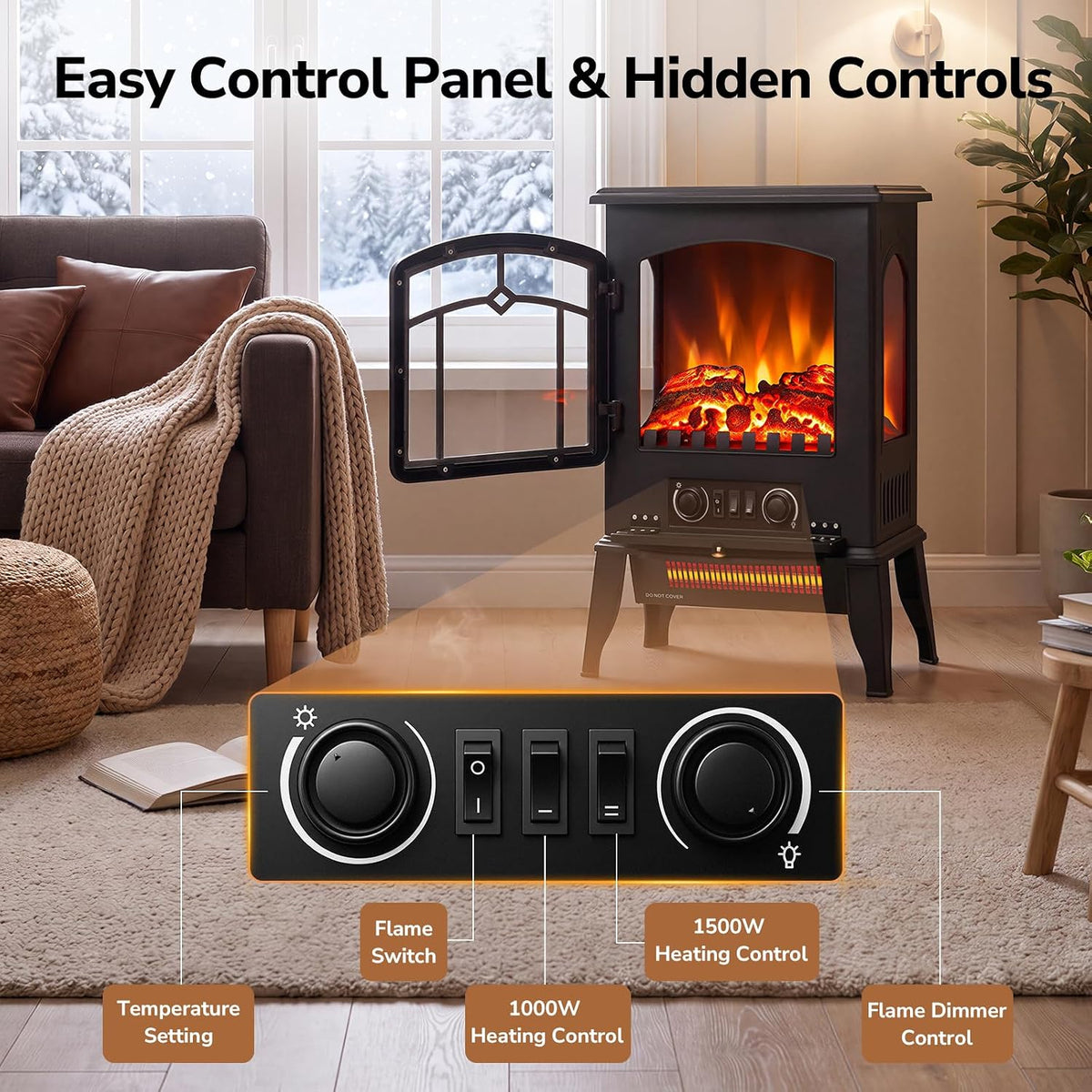 Black 22 inch electric fireplace stove with a 3D flame and glass door