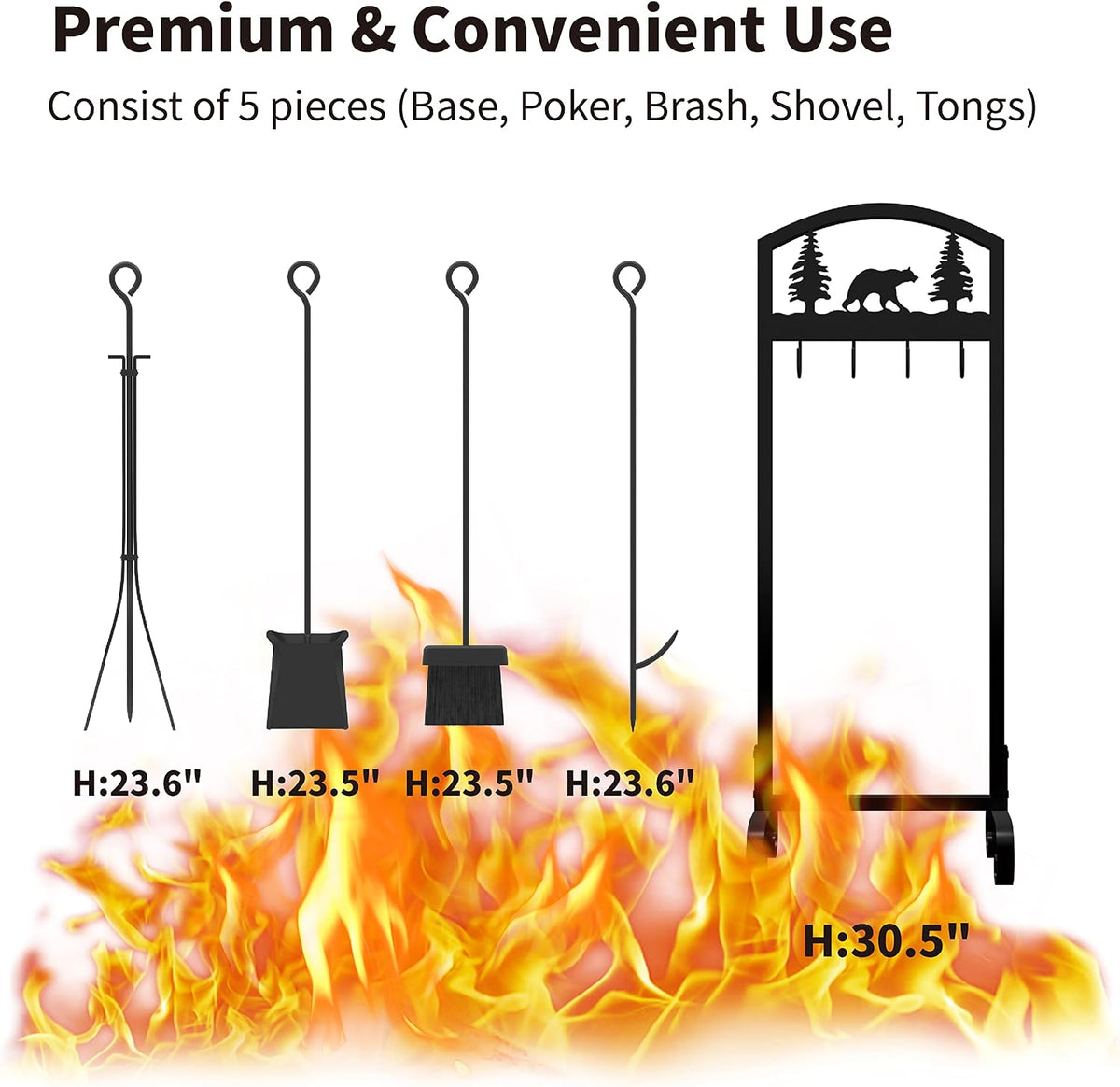 Fireplace Tools Set 5 Piece, 30.5 in Wrought Iron, Animal Print