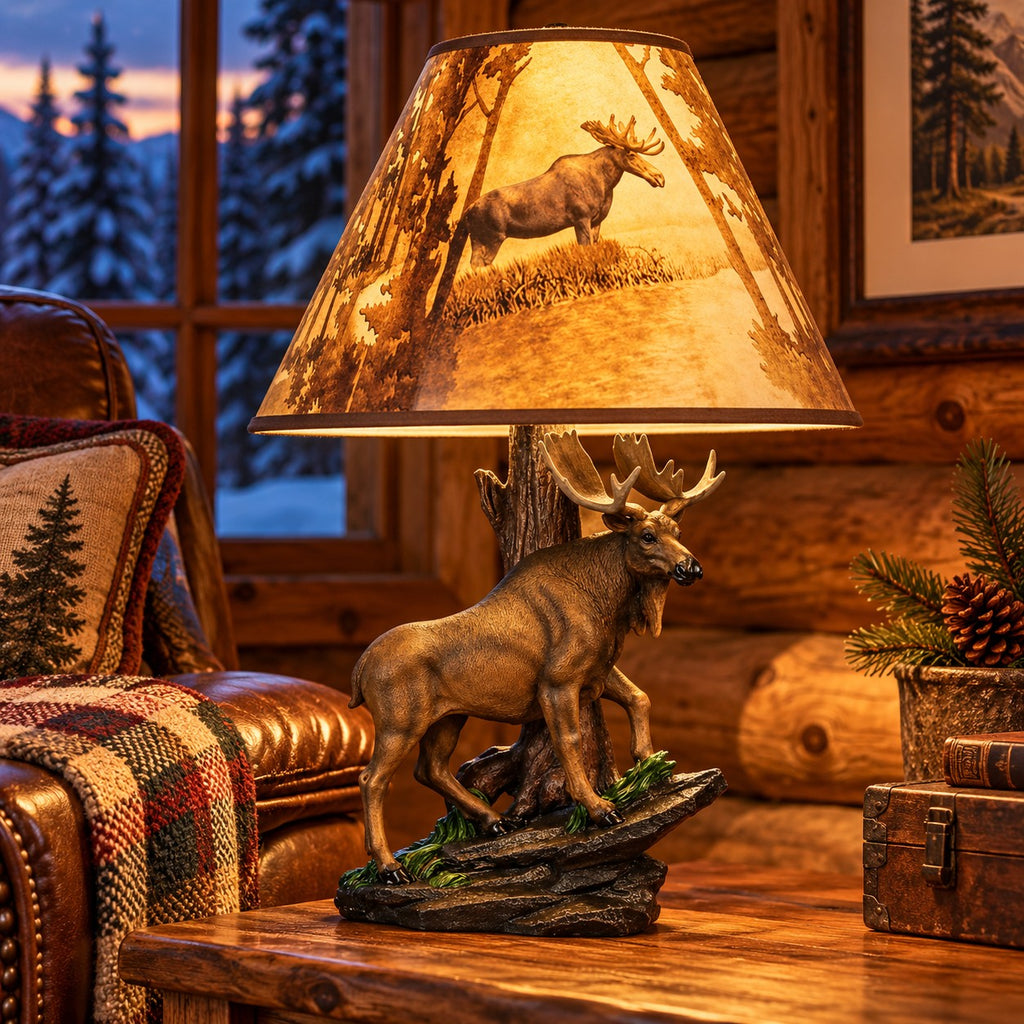 Bull Moose Table Lamp with Forest Print Shade, 20 Inch