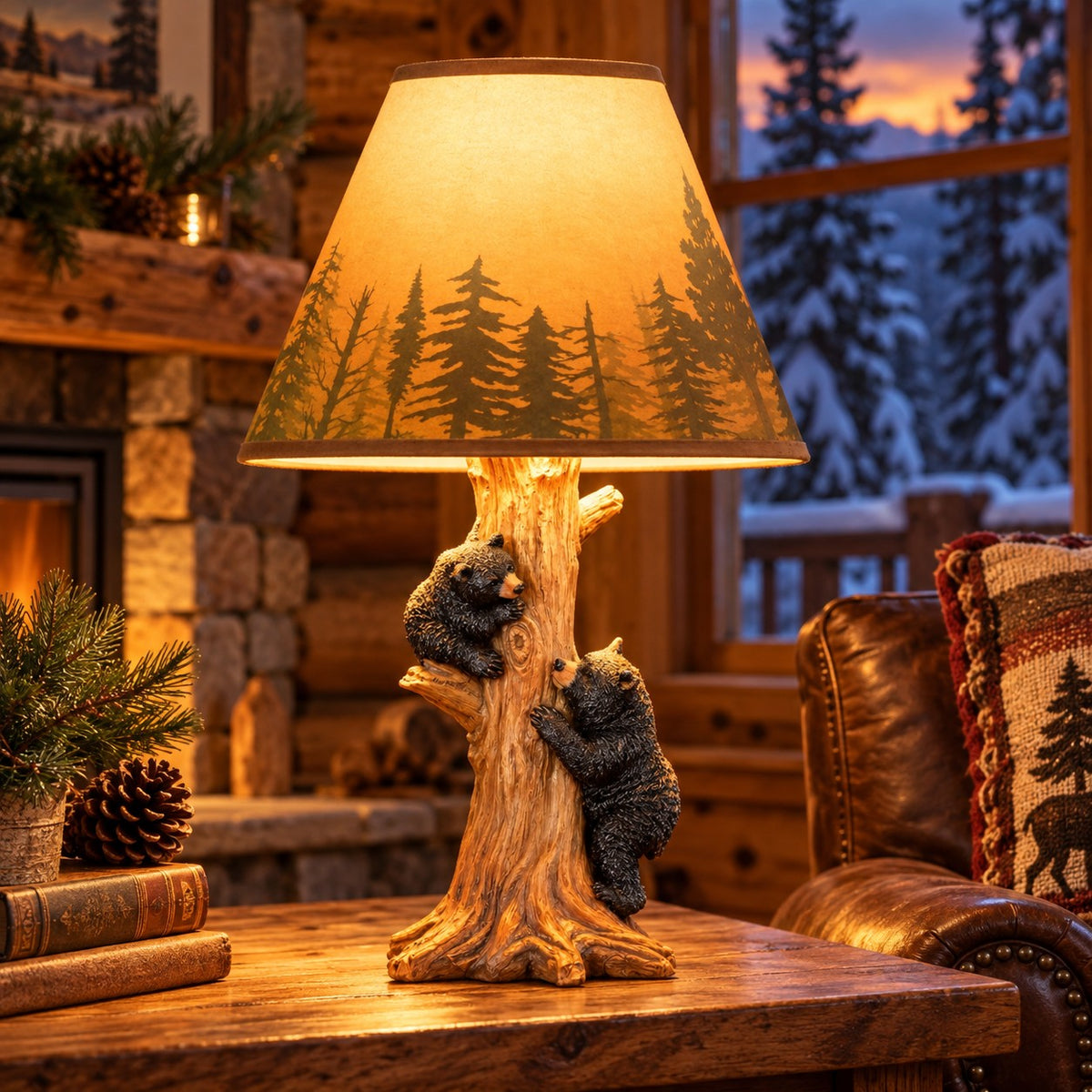 Climbing Bear Family Tree Trunk Table Lamp, 14.75 Inch