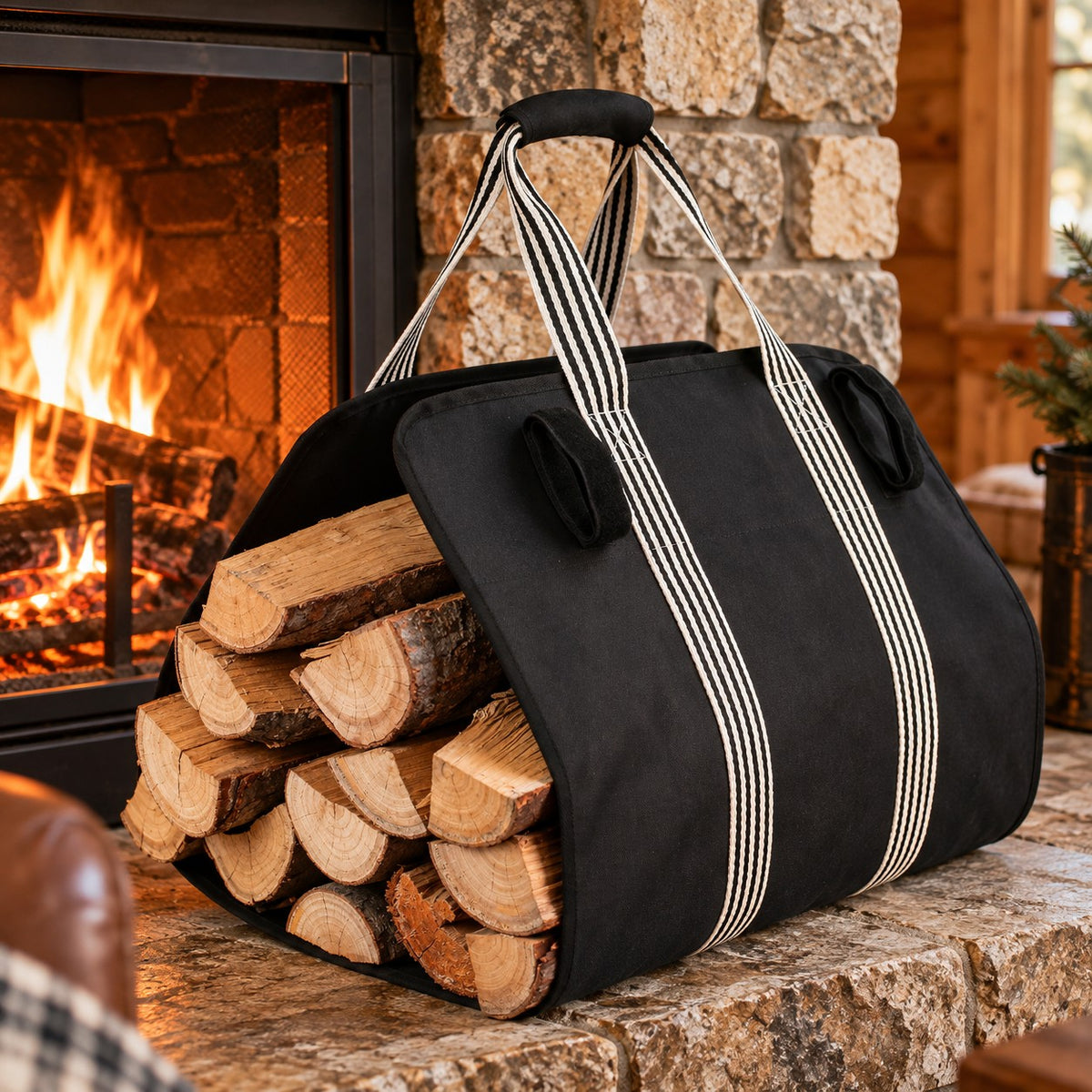 Heavy Canvas Firewood Log Carrier Tote with Padded Handles, Black