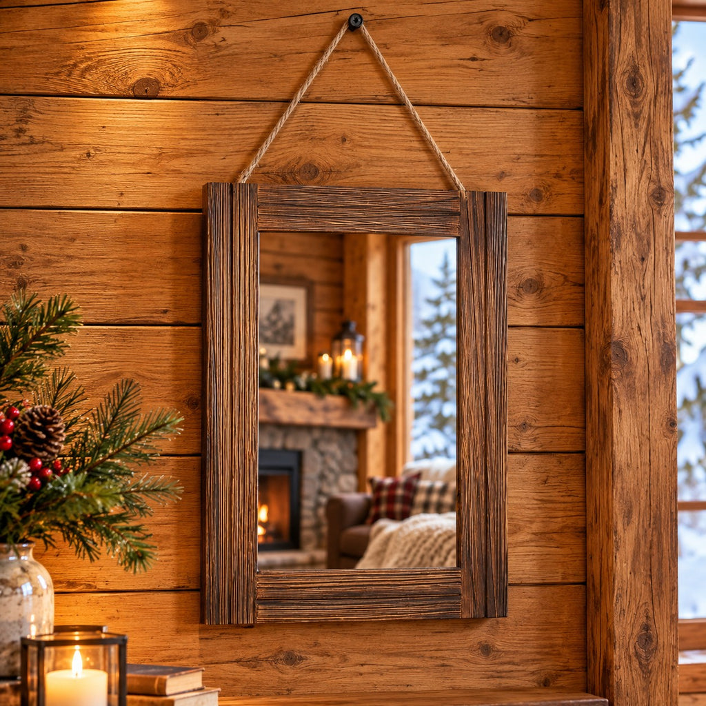 Rustic Wood Framed Wall Mirror with Hanging Rope, 16 x 12 Inch