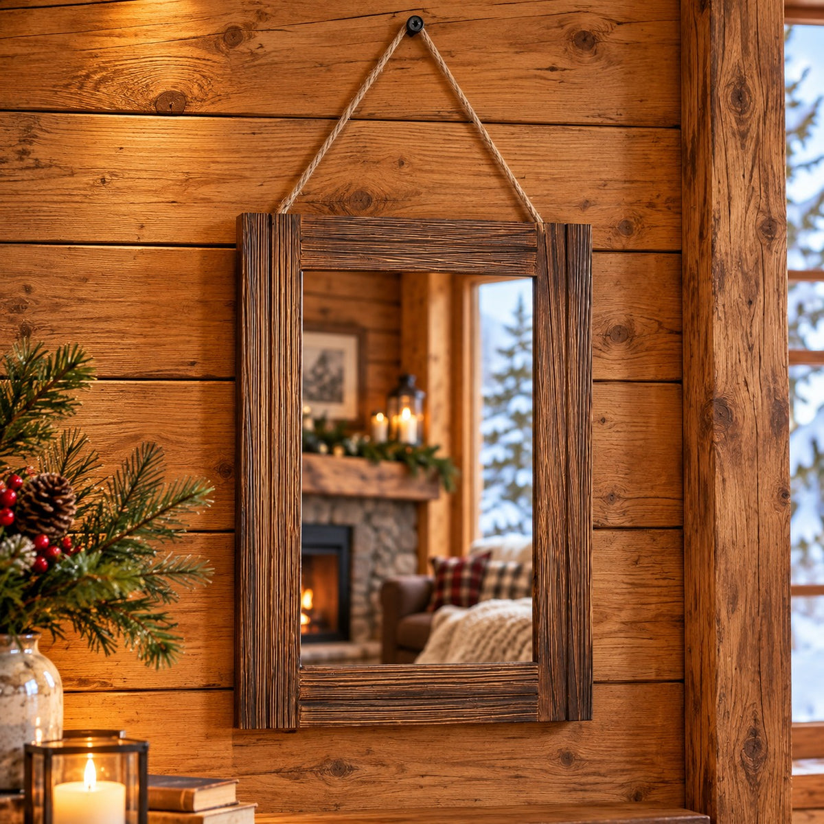 Rustic Wood Framed Wall Mirror with Hanging Rope, 16 x 12 Inch