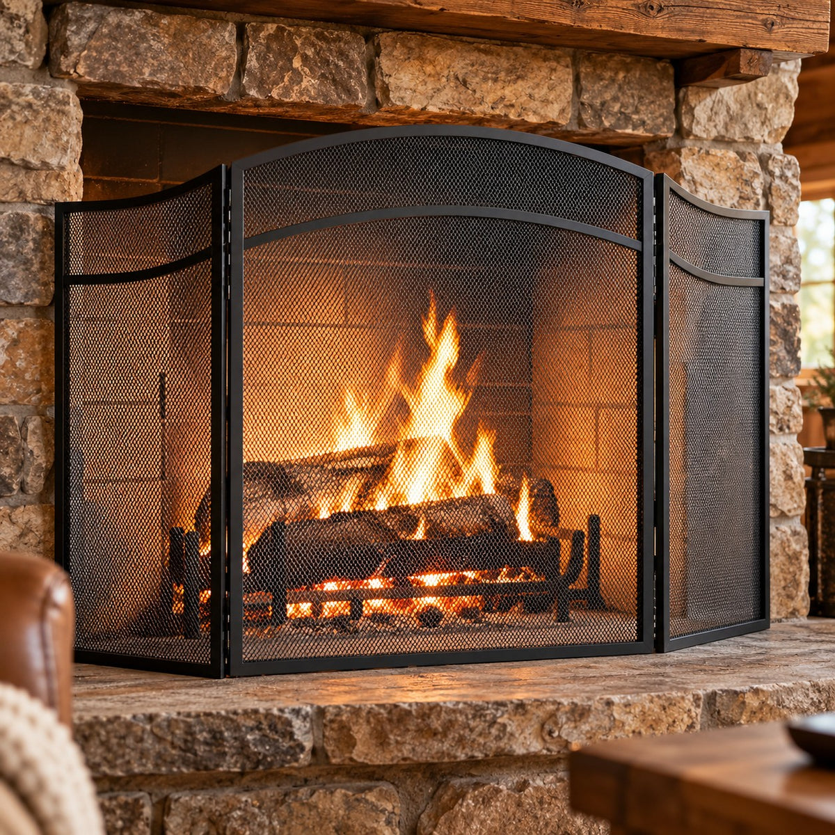 Arched 3 Panel Fireplace Screen, Black Steel Mesh, 48 x 29 Inch