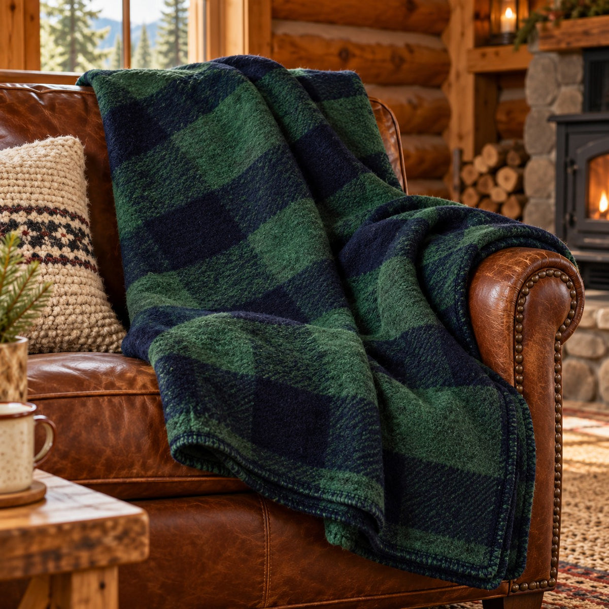 Wool Blend Plaid Camp Throw Blanket, 62 x 80, Green and Blue