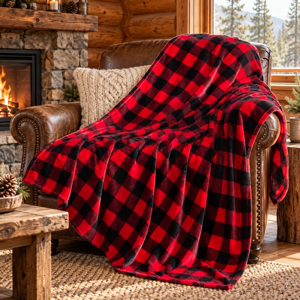 Red and Black Buffalo Plaid Flannel Fleece Throw Blanket, 50 x 60