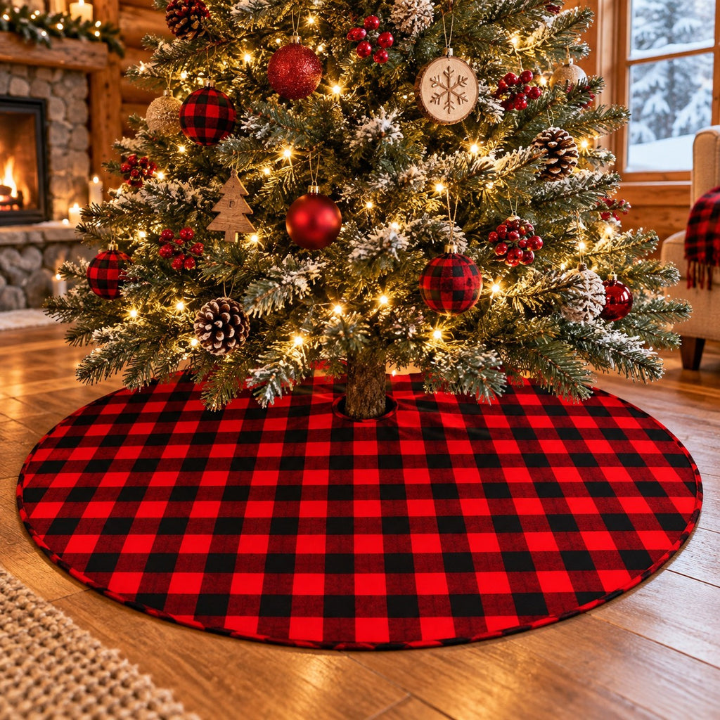 Red and Black Buffalo Plaid Christmas Tree Skirt, 48 Inch Reversible