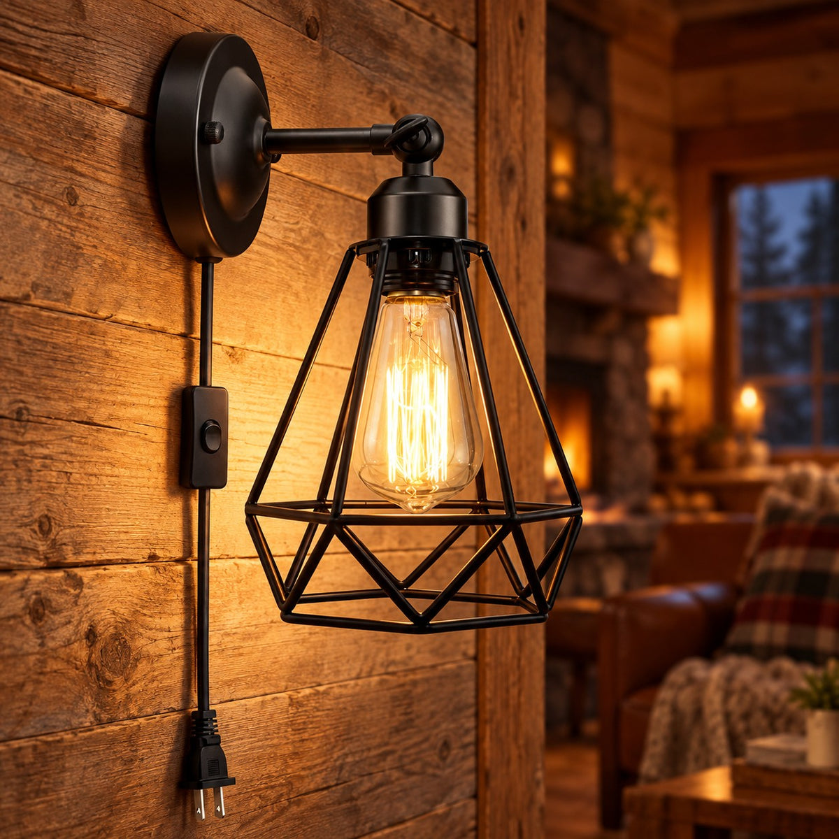 Wire Cage Plug In Wall Sconces, Set of 2, Rustic Industrial Cabin Wall Lights
