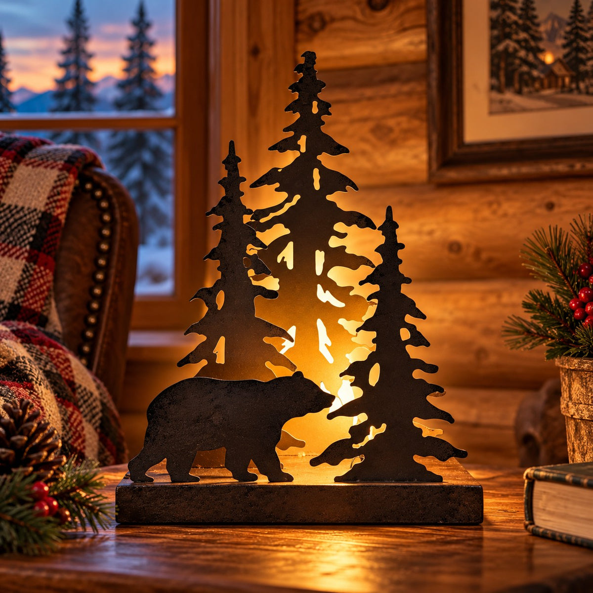 Rustic Metal Bear Silhouette Table Lamp, Cabin Forest Accent Light