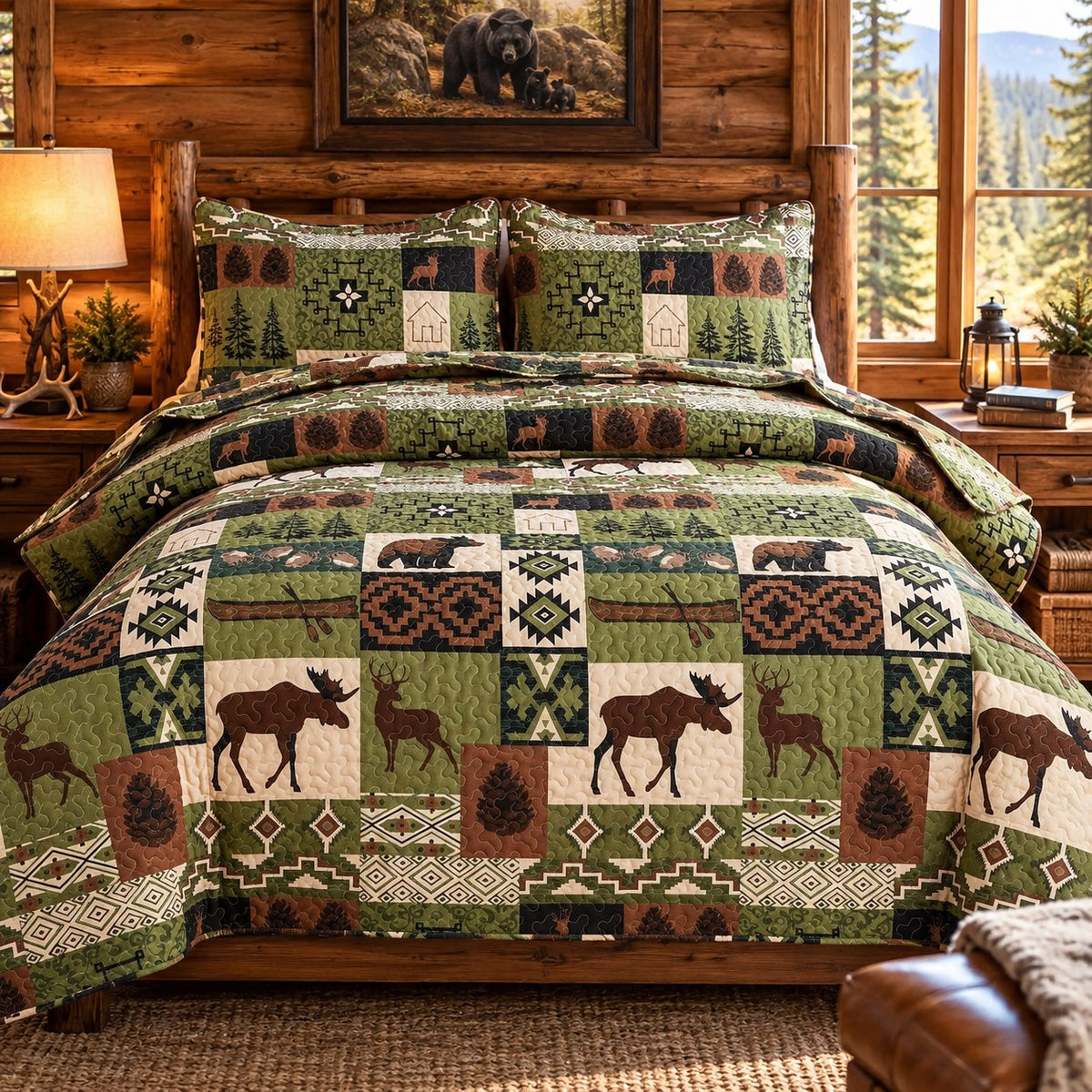 Rustic Bear Lodge Quilt Set, Queen/Full, 3 Piece Olive Green Patchwork