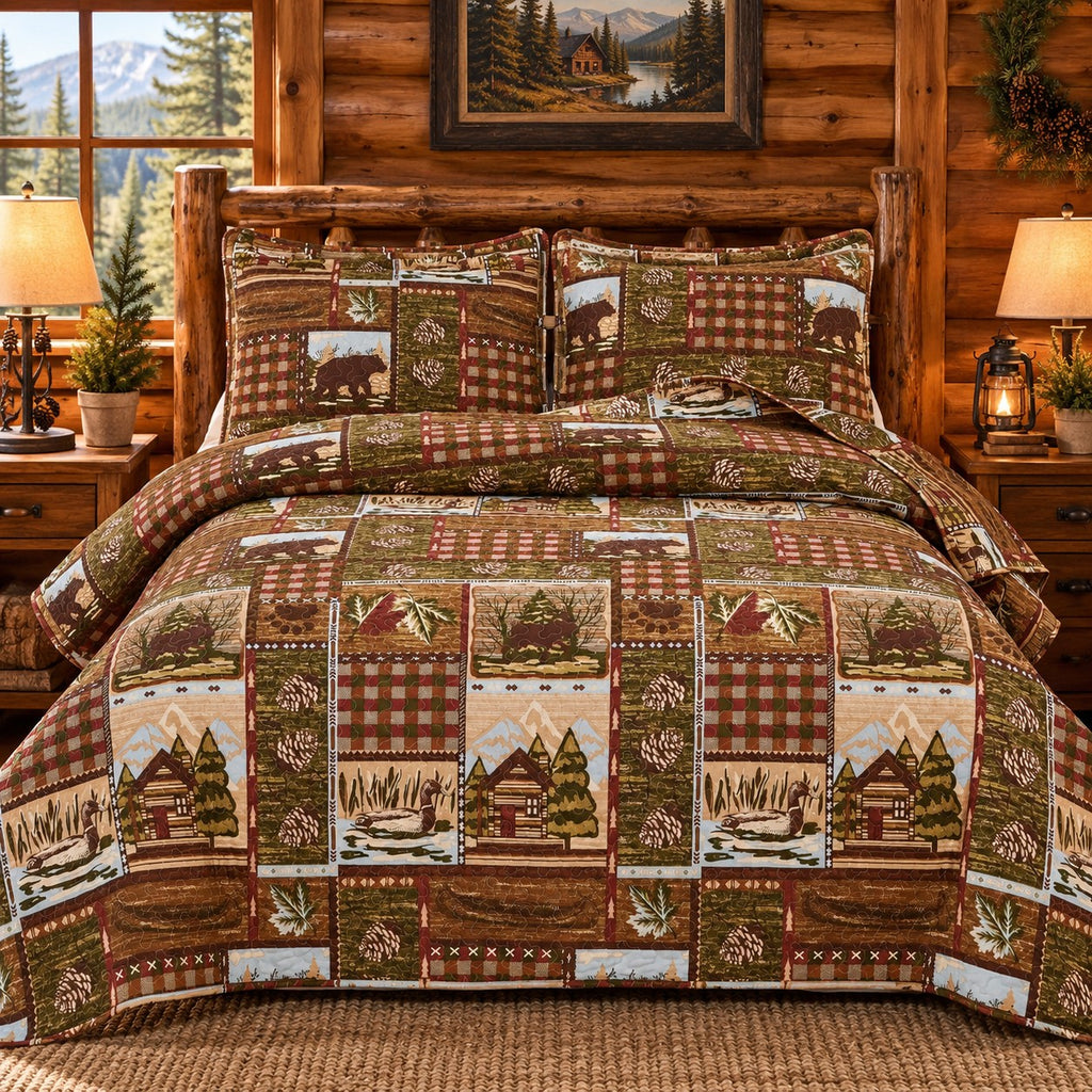 Moose and Bear Cabin Quilt Set, Queen/Full, 3 Piece Plaid Patchwork