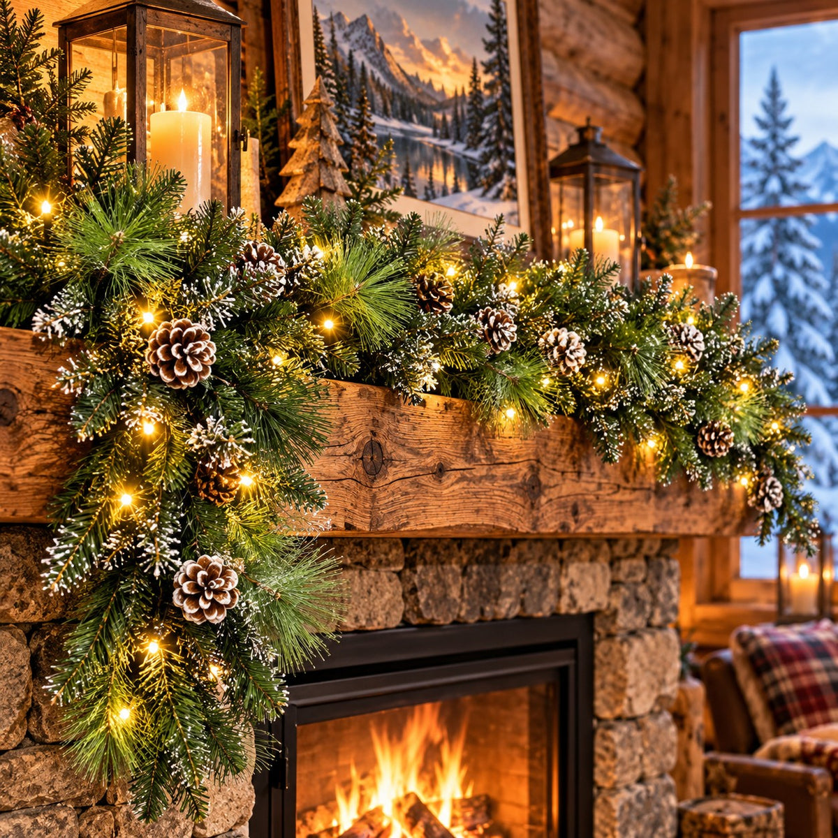 Pre-Lit Pinecone and Snow Christmas Garland, 9 Ft, 50 LED with Timer