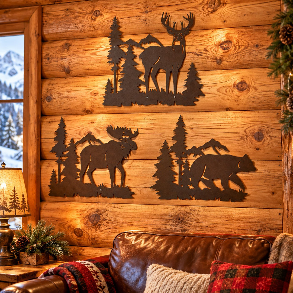 Metal Deer, Bear and Moose Pine Tree Wall Decor, Set of 3