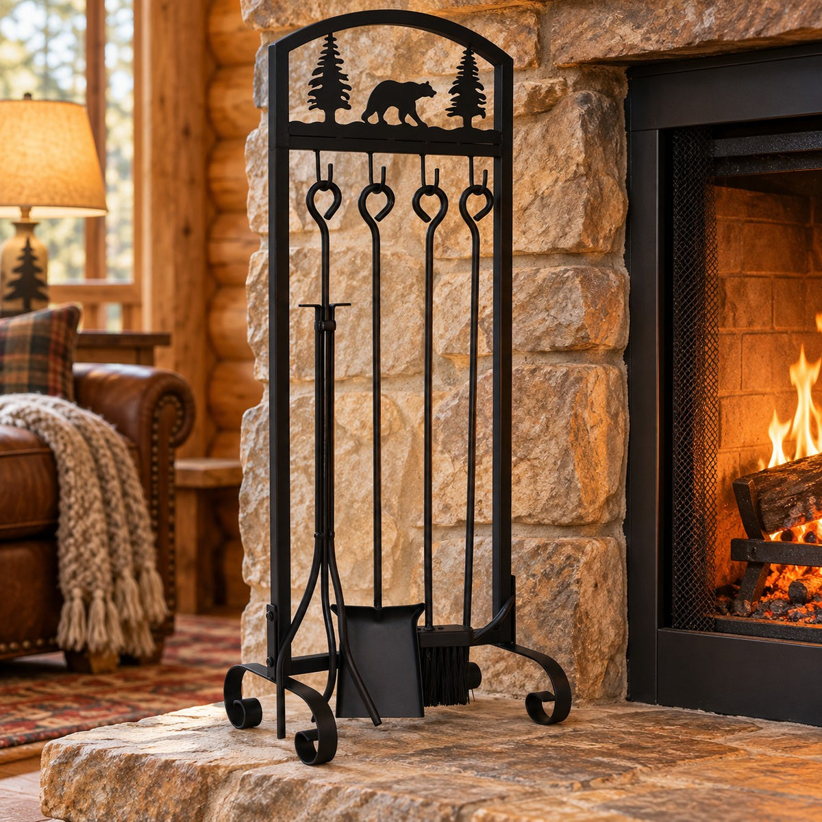 Woodland Animal Motif Fireplace Tool Set, 5 Piece Wrought Iron, 30.5 Inch