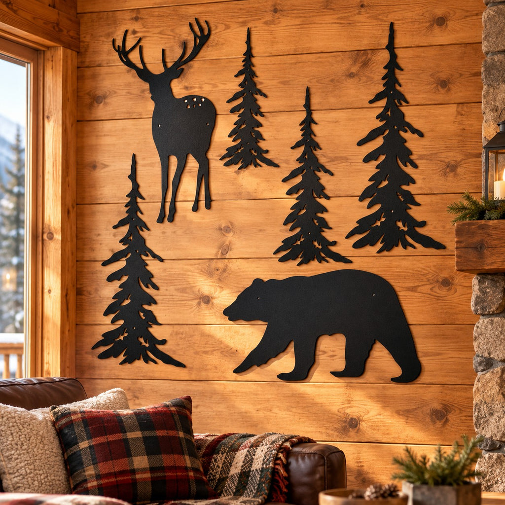 Metal Pine Tree, Bear and Deer Wall Art, 6 Piece Black