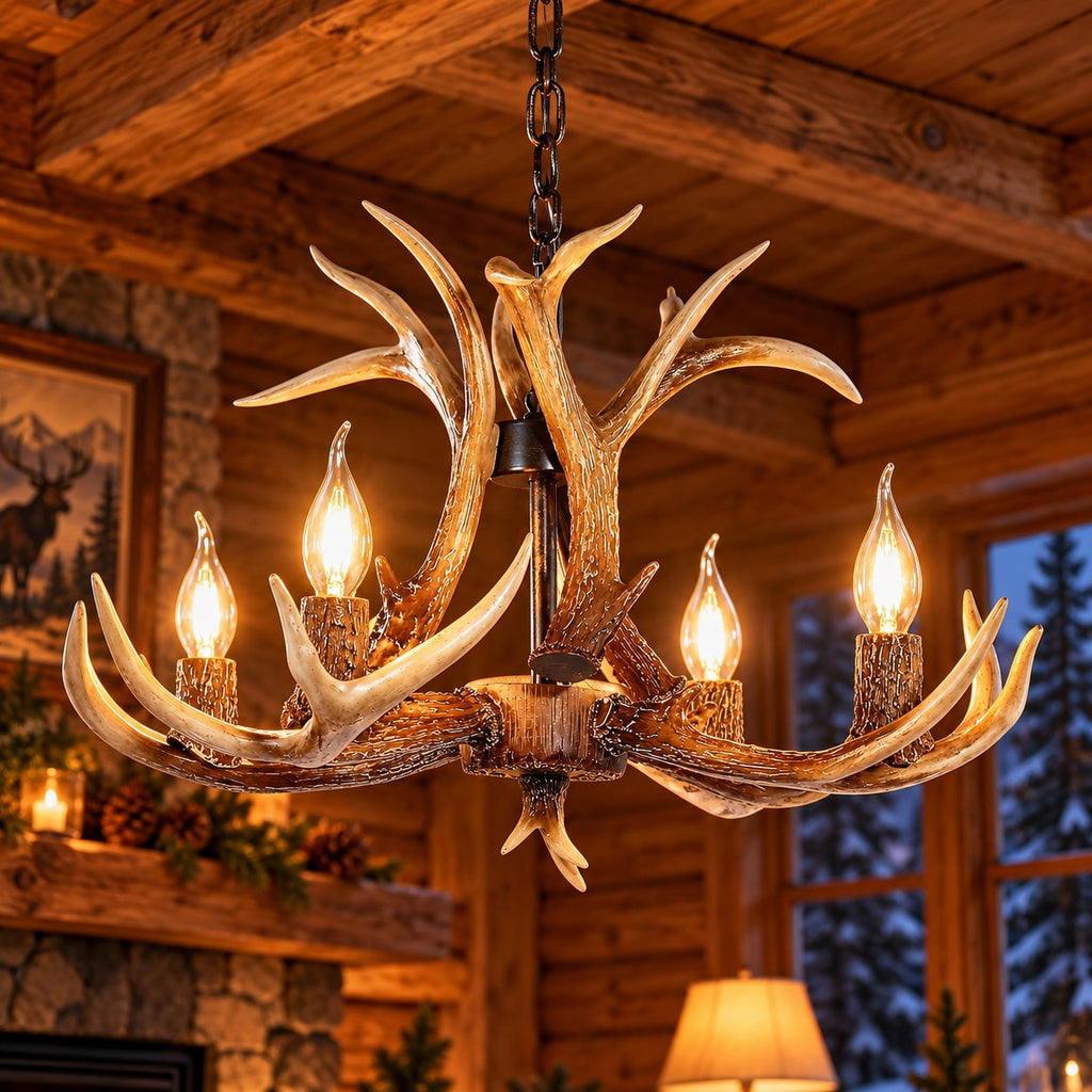Faux Antler Chandelier, 4 Light Brown Resin, Rustic Lodge Ceiling Light