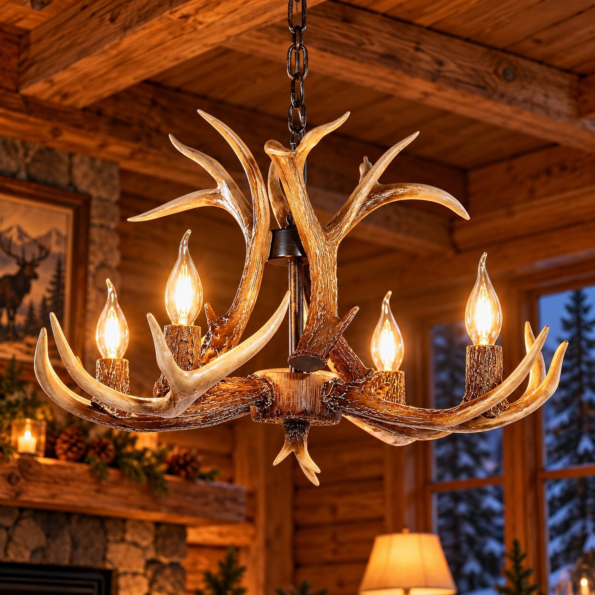 Faux Antler Chandelier, 4 Light Brown Resin, Rustic Lodge Ceiling Light