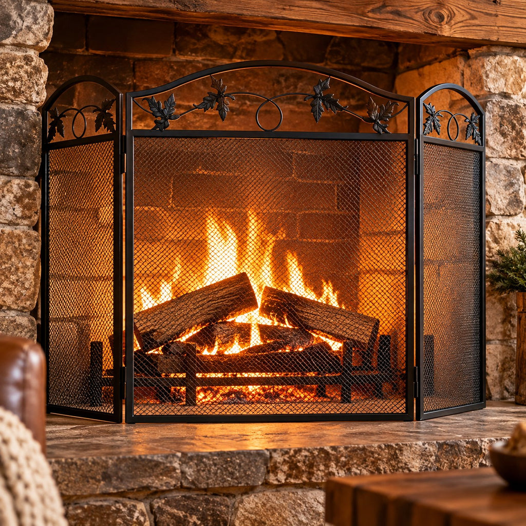 Black Steel Leaf Pattern Fireplace Screen, 3 Panel Folding