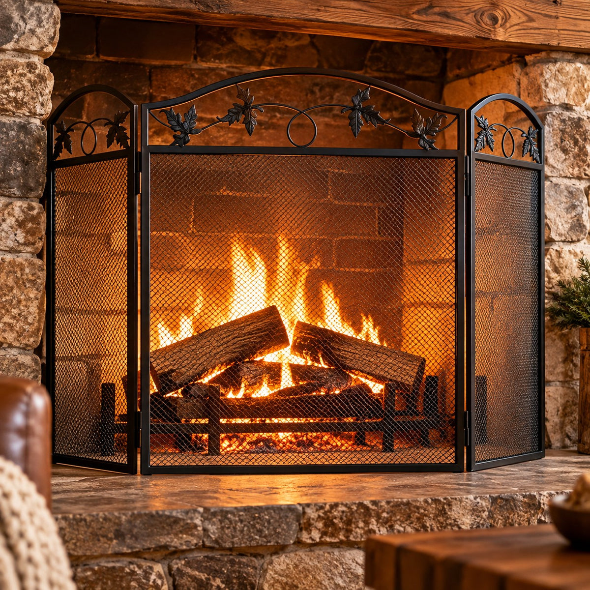 Black Steel Leaf Pattern Fireplace Screen, 3 Panel Folding