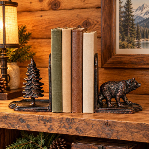 Cast Iron Bear and Pine Tree Bookends, Antique Bronze, Pair