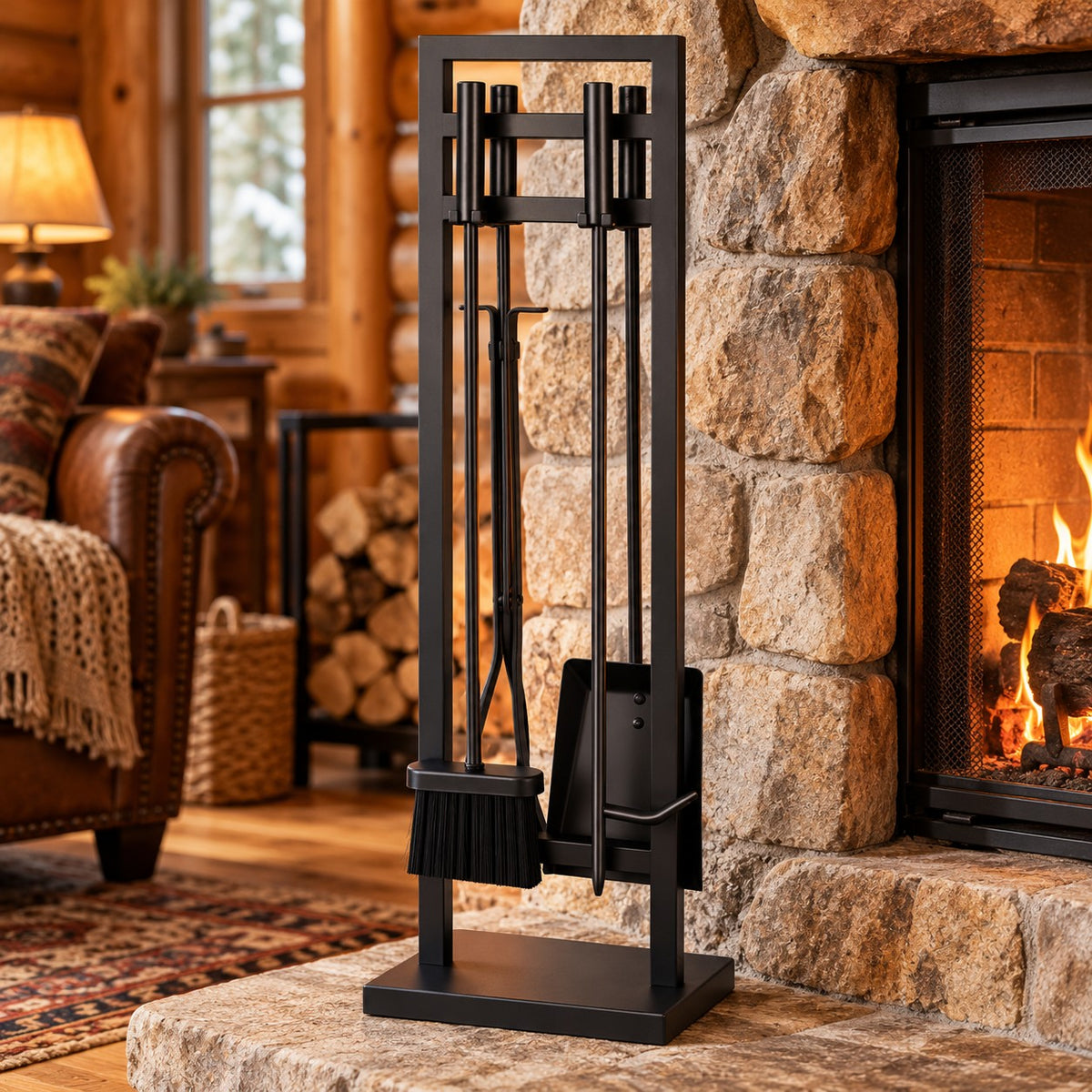 Heavy Solid Wrought Iron Fireplace Tool Set, 5 Piece, 30 Inch