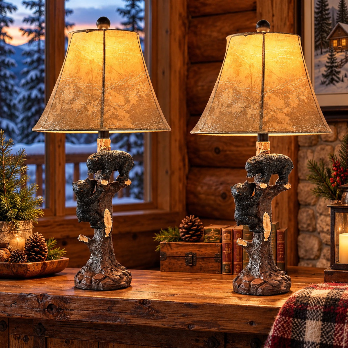Climbing Bears Rustic Table Lamps, 26 Inch, Set of 2