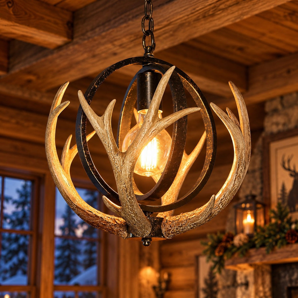 Faux Antler Pendant Chandelier, 1 Light with 4 Resin Antlers