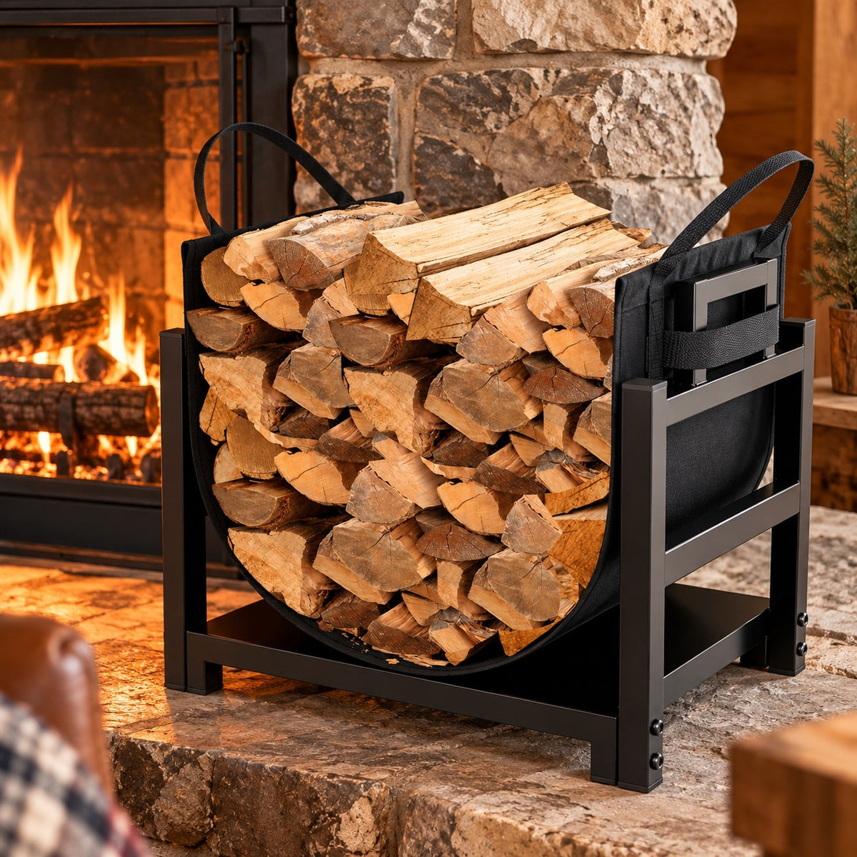 Compact Indoor Firewood Rack with Canvas Log Carrier, Black Steel