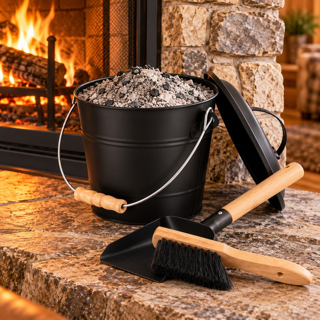 Fireplace Ash Bucket with Lid, Shovel and Hand Brush, 1.5 Gallon Black