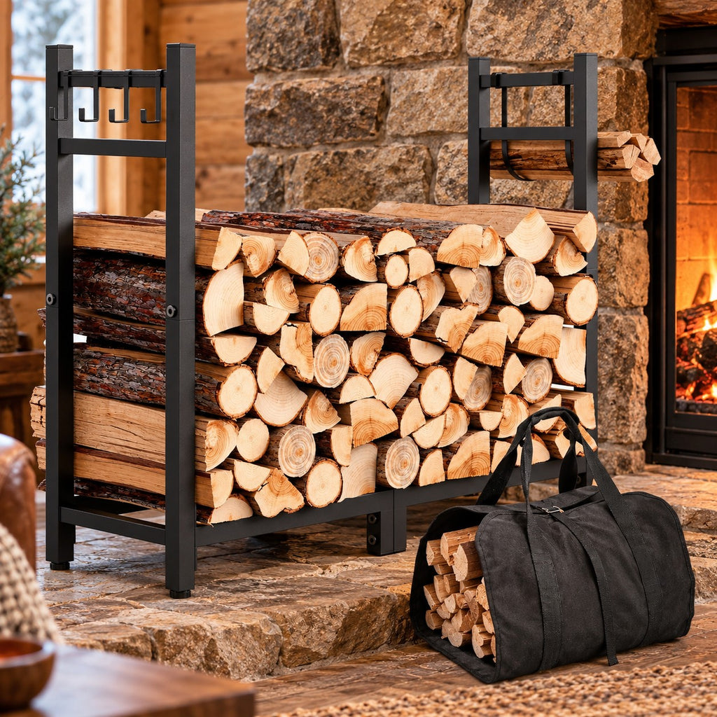 Large Firewood Log Rack with Canvas Carrier, 34 Inch Indoor Outdoor