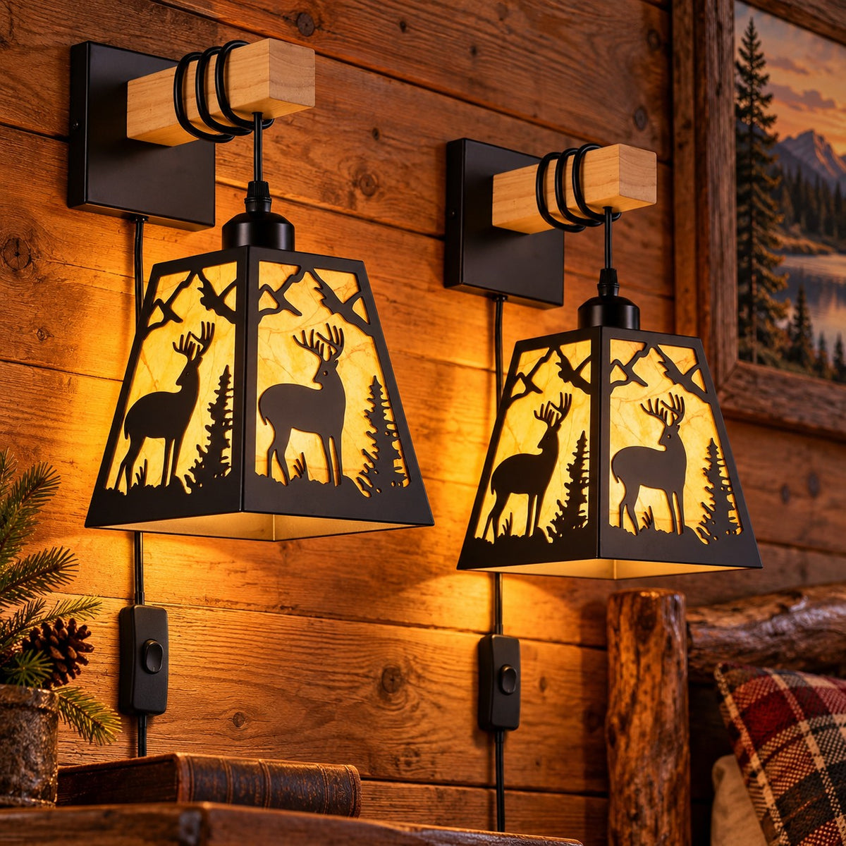 Deer Silhouette Plug In Wall Sconces with Parchment Shades, Set of 2