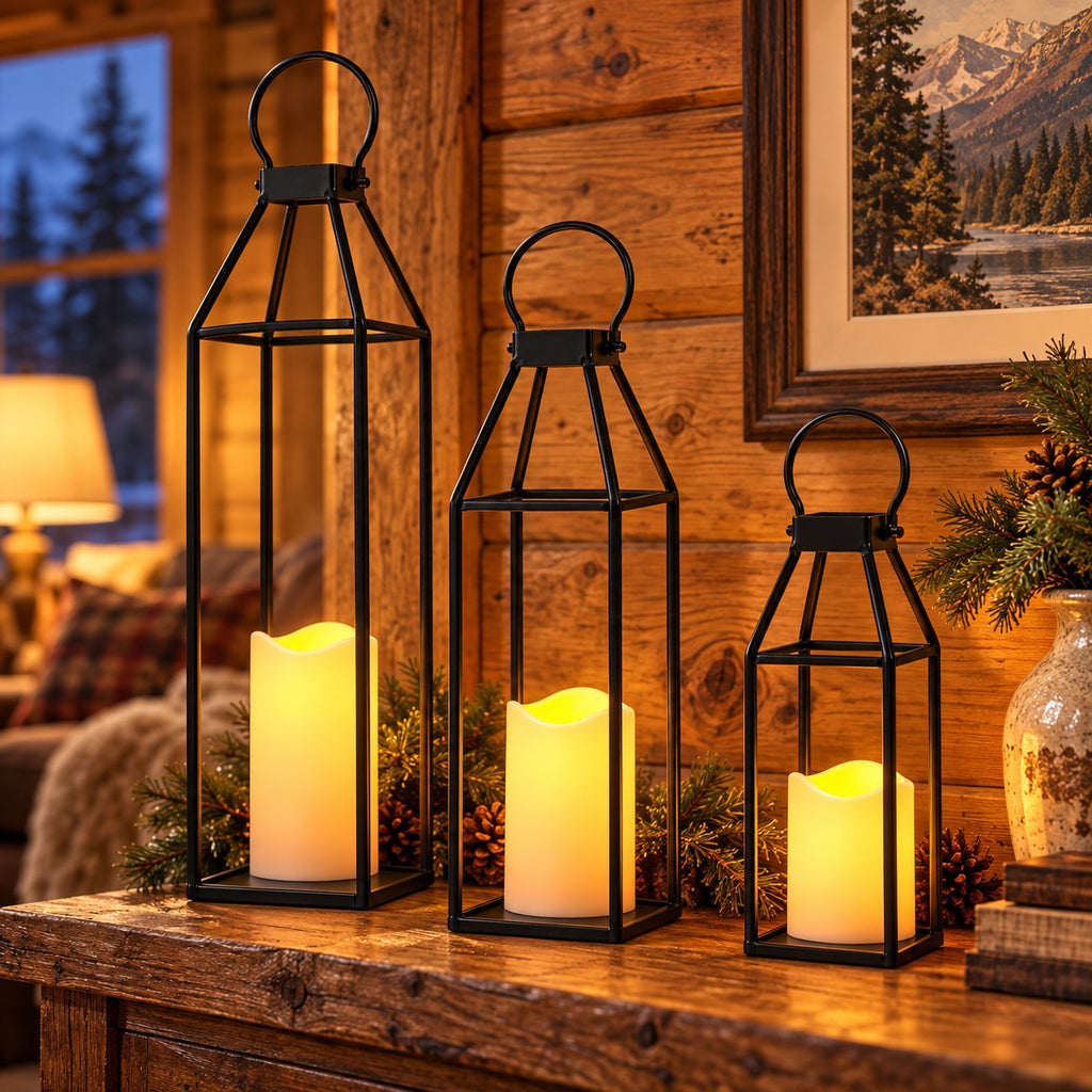 Black Metal Lantern Set of 3 with LED Flameless Candles and Remote